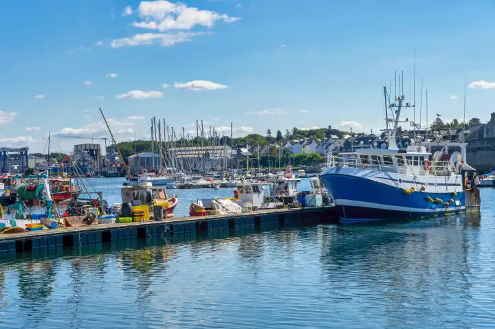 Trawler, fishing boats, pier, fishing port, Concarneau, Finisterre, Brittany, France