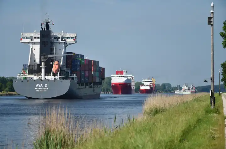 Container ships and car carriers KESS in the Kiel Canal