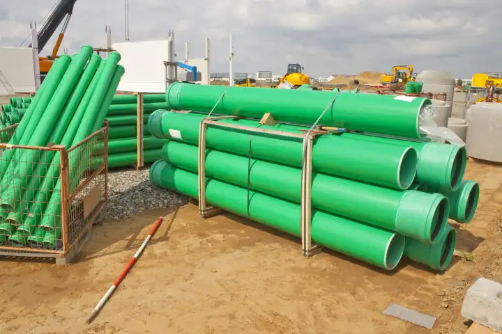 green sewer pipes on a building site