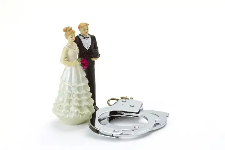 Brautpaar mit Handschellen auf hellem Hintergrund