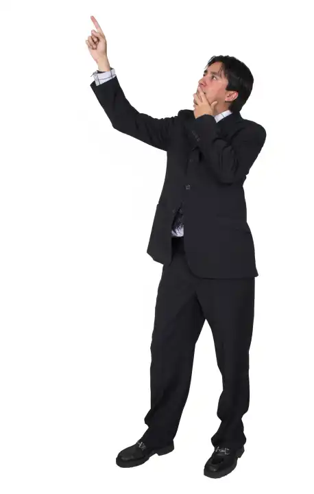 business man pointing over whitefull body
