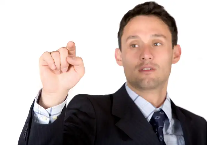 business man pointing at the screen over a white background