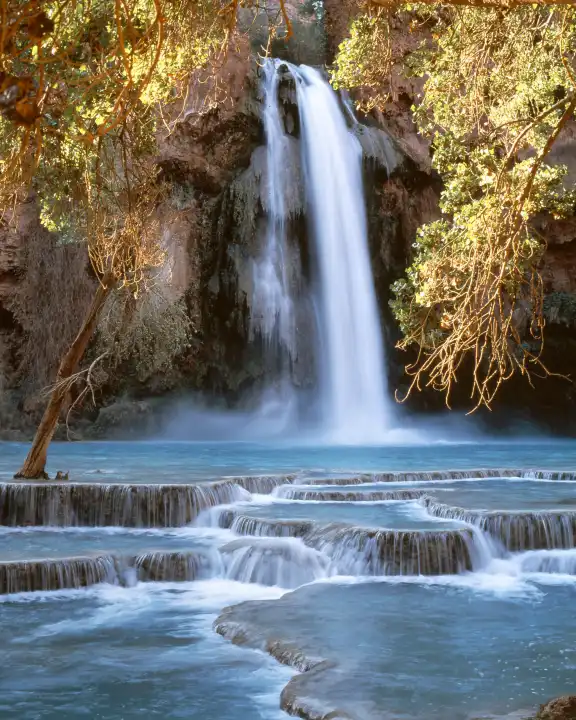 Huvasu Falls, Havasupai Indian Reservation, Grand Canyon, Arizona, USA,