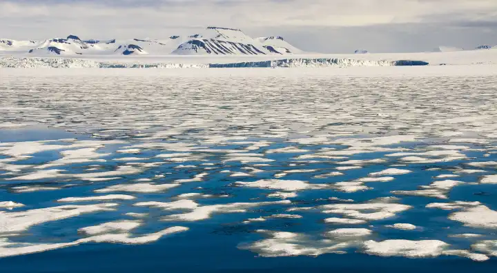 Melting sea ice in Artic From Hornsund, western Spitsbergen, Svalbard, Norway in June 2008
