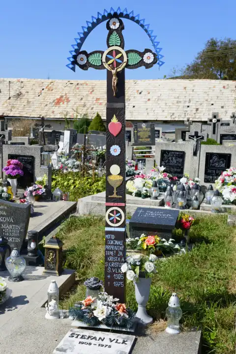 Traditional Detvian crosses at the cemetery, Detva, Detva county, Pohronie region, Slovakia