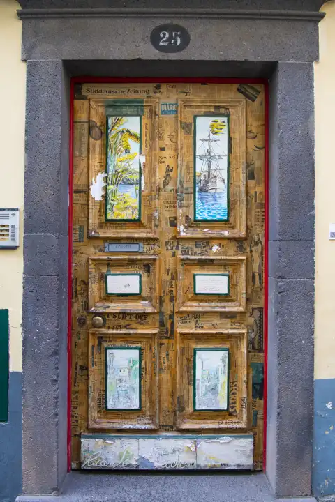 Colorful painted door, art project Arte de portas abertas, Rua de Santa Maria, Old Town, Funchal, Madeira Island, Portugal