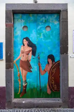 Colorful painted door, art project Arte de portas abertas, Rua de Santa Maria, Old Town, Funchal, Madeira Island, Portugal