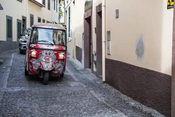 Touristen besichten die Altstadt in kleiner Rikscha Funchal, Insel Madeira, Portugal