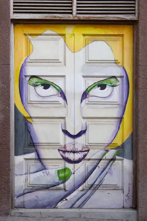 Bunt bemalte Tür, Kunstprojekt Arte de portas abertas, Rua de Santa Maria, Altstadt, Funchal, Insel  Madeira, Portugal