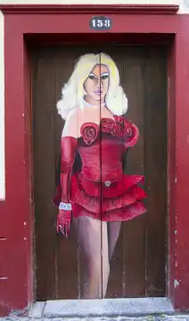 Bunt bemalte Tür, Kunstprojekt Arte de portas abertas, Rua de Santa Maria, Altstadt, Funchal, Insel  Madeira, Portugal