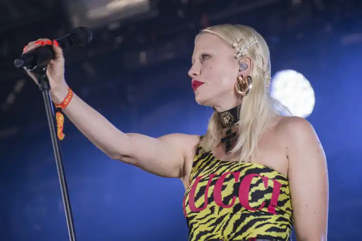 Turku, Finland. 6th July 2019. Finnish pop artist Chisu performs at the 50th Ruisrock Festival.