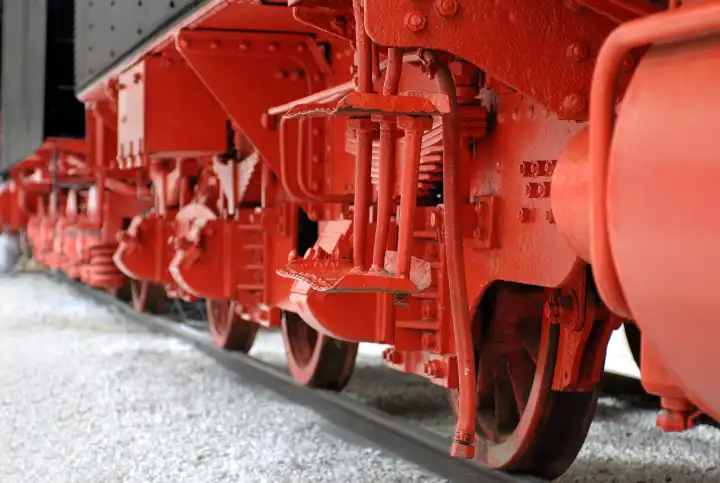 Red wheels of a vintage steam locomotive