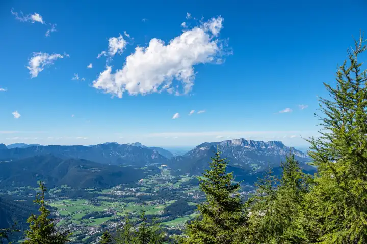 View from the mountain Jenner on the landscape in the Berchtesgadener Land.