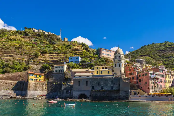 View of Vernazza on the Mediterranean coast in Italy.