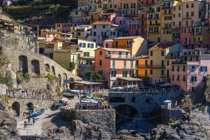 Houses and rocks in Manarola on the Mediterranean coast in Italy.