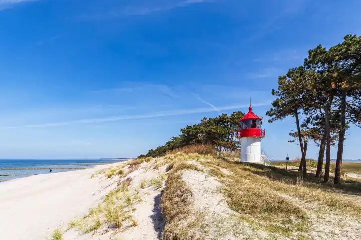 Strand und der Leuchtturm Gellen auf der Insel Hiddensee.
