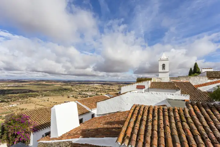 view over the roof with church into the surroundings of Monsaraz, Alentejo, Portugal