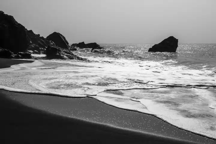 Coast in black and white with rock, La Palma, Canary Islands, Spain