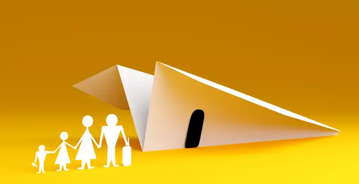 a paper family in front of paper plane, symbolic picture for flight into holiday, 3d illustration