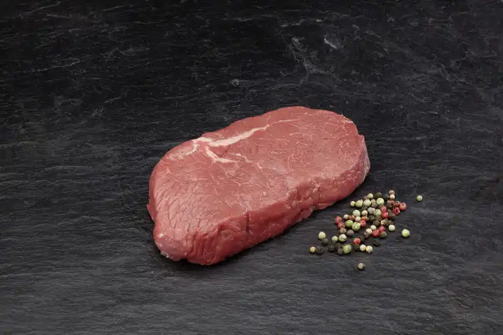 Beef steak on black slate plate with colorful pepper