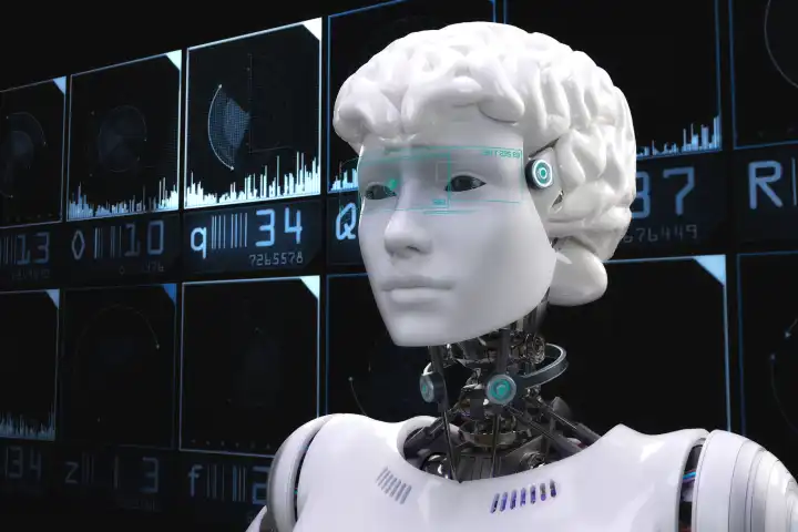 Künstlerische 3D-Illustration eines Roboters mit künstlicher Intelligenz