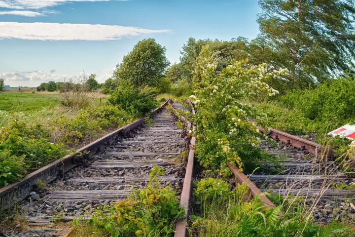 alte Waggons und Gleise auf der ehemaligen Bahnstrecke nach Fischland-Darß, Bresewitz, Mecklenburg-Vorpommern