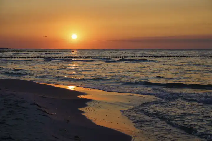 Sunset on the Baltic Sea coast near Zingst, Fischland-Darß, Mecklenburg-Western Pomerania, Germany