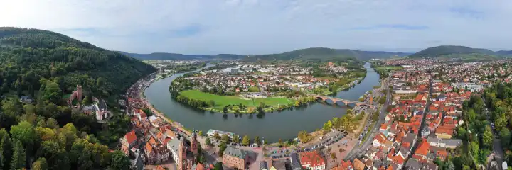 Aerial view of Miltenberg am Main overlooking the Mainbrücke and the Twin Gate. Miltenberg, Lower Franconia, Bavaria, Germany.