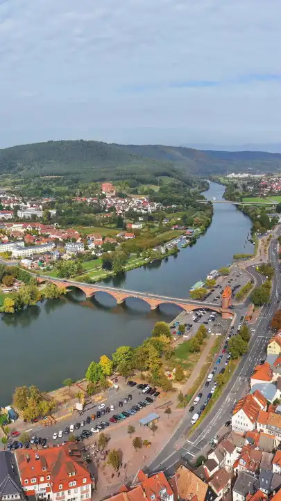 Aerial view of Miltenberg am Main overlooking the Mainbrücke and the Twin Gate. Miltenberg, Lower Franconia, Bavaria, Germany.