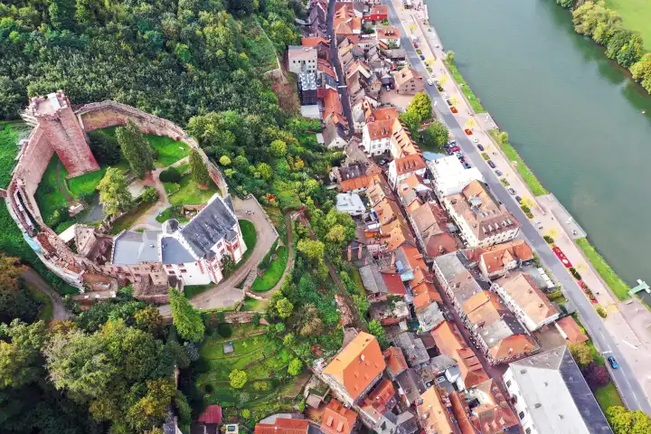 Aerial view of Miltenberg am Main overlooking Miltenberg Castle. Miltenberg, Lower Franconia, Bavaria, Germany.