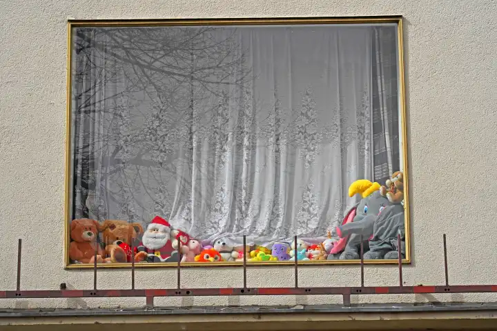 Soft toys in window