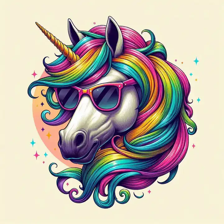 Unicorn with sunglasses and colorful mane, generated with AI