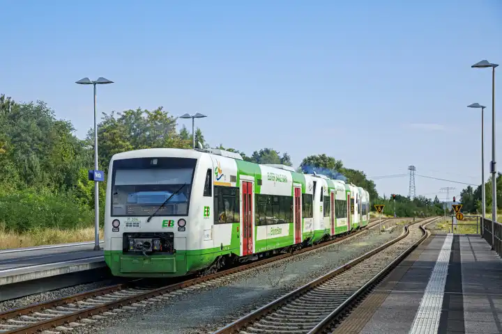 Triebwagen der Erfurter Bahn beim Halt im Bahnhof Weida,  Thüringen, Deutschland, Europa