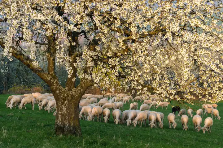 Sheep under blooming fruit tree