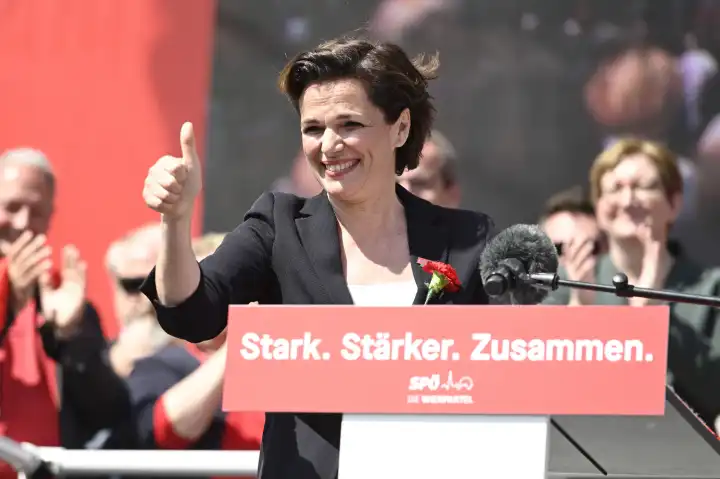 Vienna, Austria. 01 May 2023. SPÖ party leader Pamela Rendi-Wagner at the closing rally of the May Day celebration at Vienna's City Hall Square.