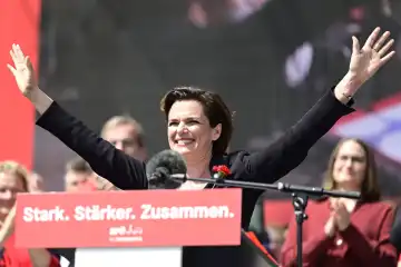 Vienna, Austria. 01 May 2023. SPÖ party leader Pamela Rendi-Wagner at the closing rally of the May Day celebration at Vienna's City Hall Square.