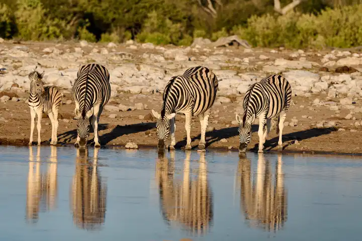 Zebras mit Jungtier am Wasserloch