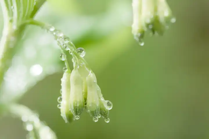 Buds of many-flowered white-root covered with drops of water, Polygonatum multiflorum, Solitary Solomon s Seal, Woodland White-crown, Woods Solomon s Seal, close-up