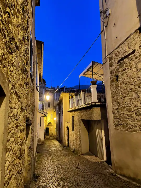 At night in Moltedo (Montegrazie), narrow alleys, Imperia Liguria Italy