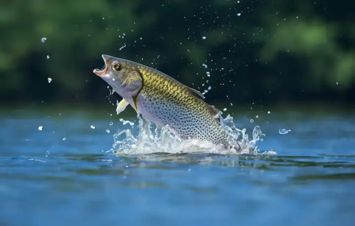 KI-Bilder, Fisch springt aus dem Wasser