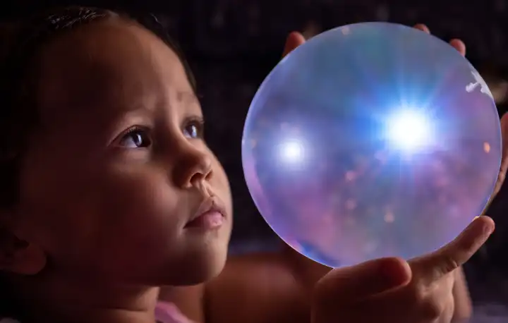 Kind schaut in eine leuchtende Kugel, Sterne spiegeln sich in seinen Augen, generiert mit KI