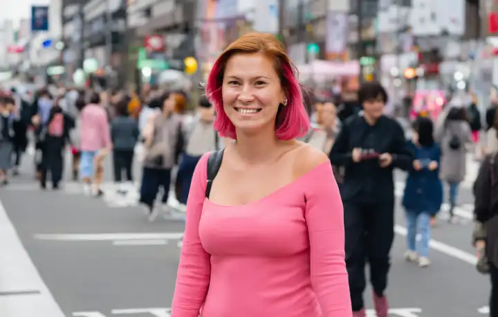Eine Frau, die lächelnd eine belebte Straße hinuntergeht, sie hat rosa Haare..., generiert mit KI