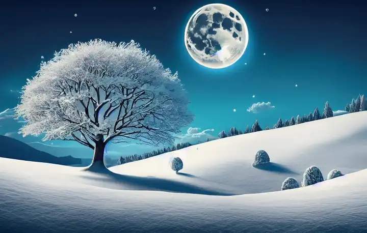 Weiße Weihnachtslandschaft. Schneebedeckter Baum auf einem Hügel mit Mond am blauen Himmel neuronales Netz generiertes Bild,  KI Generative Illustration.