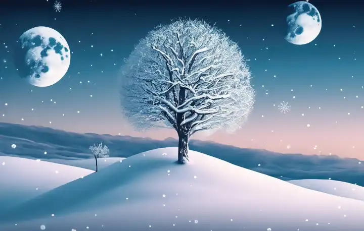 Weiße Weihnachtslandschaft. Schneebedeckter Baum auf einem Hügel mit Mond am blauen Himmel neuronales Netz generiertes Bild,  KI Generative Illustration.
