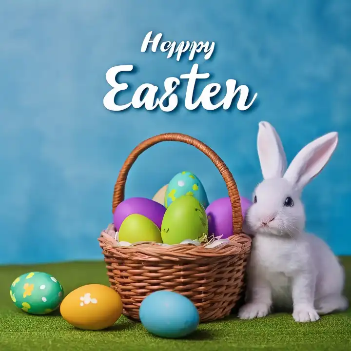Frohe Ostern, Nahaufnahme vom Hasen mit Eiern im Korb, KI generierte Illustration.