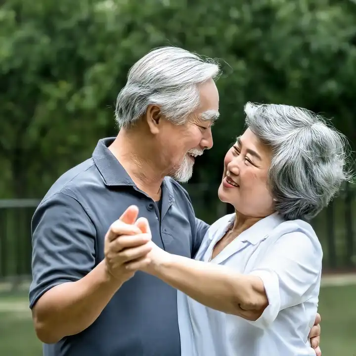 Zeitlose Liebe: Älteres Ehepaar tanzt voller Freude, generiert mit KI