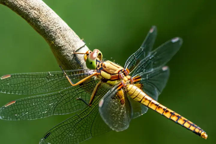 Dragonfly close-up: macro photography, AI generated.