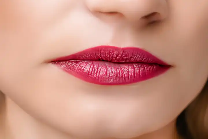 Generatives KI-Bild von glänzenden Lippen und glatter Haut in Nahaufnahme