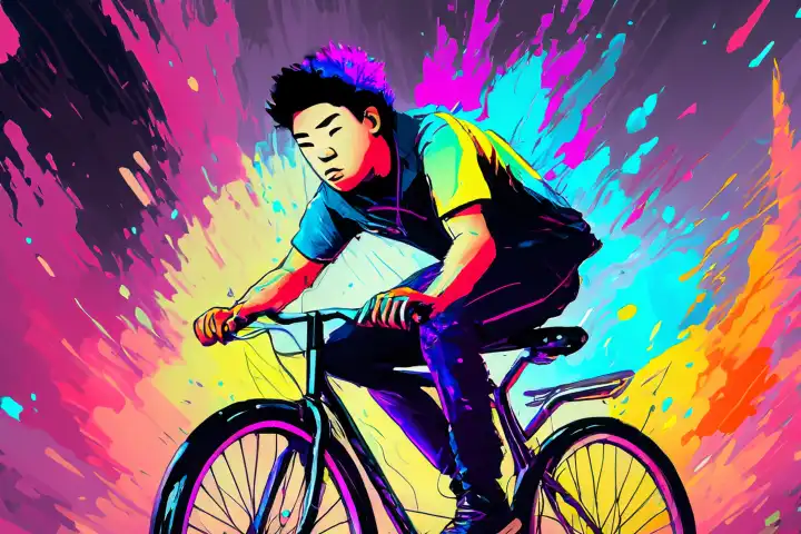 Junger Mann, der ein Fahrrad mit einer bunten Energie fährt, digitaler Kunststil, Illustrationsmalerei, KI generiert.