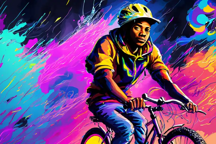 Junger Mann, der ein Fahrrad mit einer bunten Energie fährt, digitaler Kunststil, Illustrationsmalerei, KI generiert.
